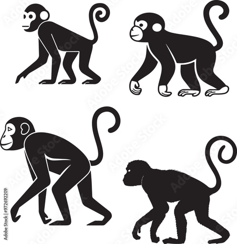 set of silhouettes of monkey