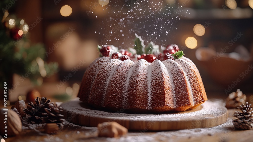 Baking a Christmas Bundt cake with powdered sugar and festive decorations, in a cozy kitchen filled with holiday spirit. 4K hyperrealistic photo. Baking a Christmas Bundt cake with powdered sugar and festive decorations, in a cozy kitchen filled with holiday spirit. 4K hyperrealistic photo.