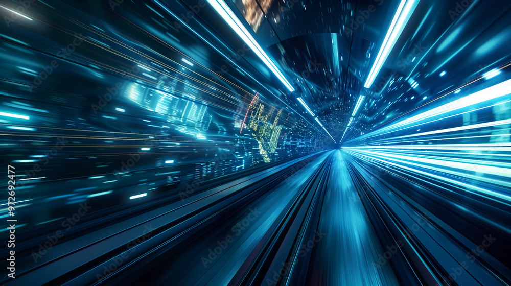 A high-speed futuristic tunnel with blue light streaks and data projections, conveying motion and technology A high-speed futuristic tunnel with blue light streaks and data projections, conveying motion and technology
