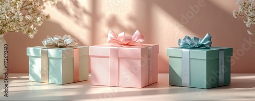 Beautifully wrapped gift boxes in pastel colors, perfect for celebrations and special occasions, adding charm to any setting.