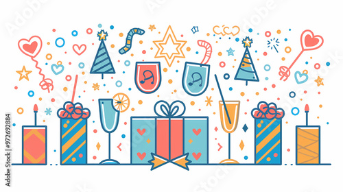 A simple vector icon illustration depicting the group of party supply items at center for a website isolated white background