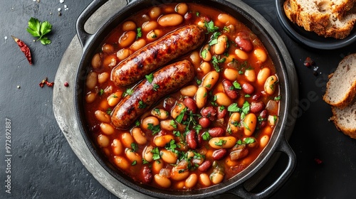 hearty beans stew with sausages, herbs and spices in tomato sauce in a metal casserole on a concrete table, fasolka po bretonsku, polish cuisine, view photo