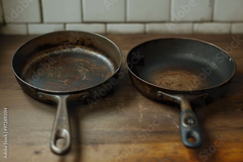 Two worn Teflon pans resting on a wooden kitchen counter with a tiled background highlighting their condition photo