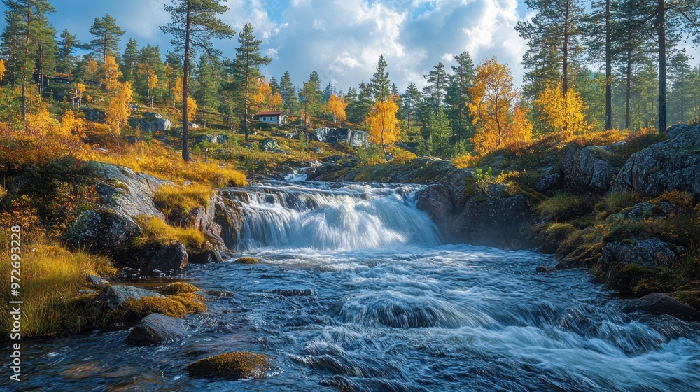 Serene waterfall surrounded by autumn foliage and tranquil landscape. Serene waterfall surrounded by autumn foliage and tranquil landscape.
