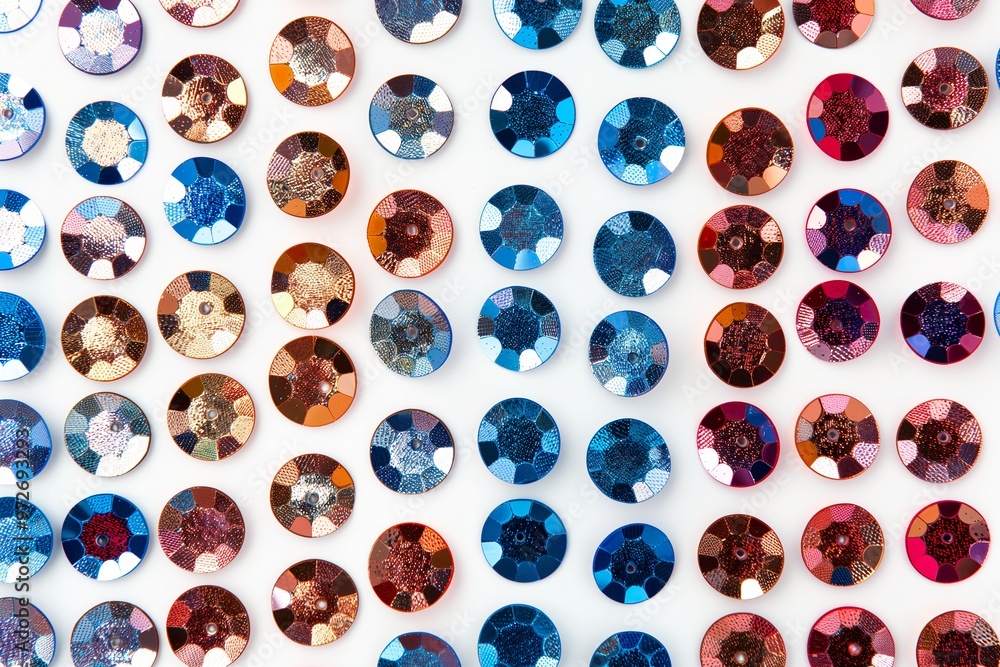 A vibrant collection of shiny sequins arranged on a white background showcasing varying colors and textures in bright daylight A vibrant collection of shiny sequins arranged on a white background showcasing varying colors and textures in bright daylight