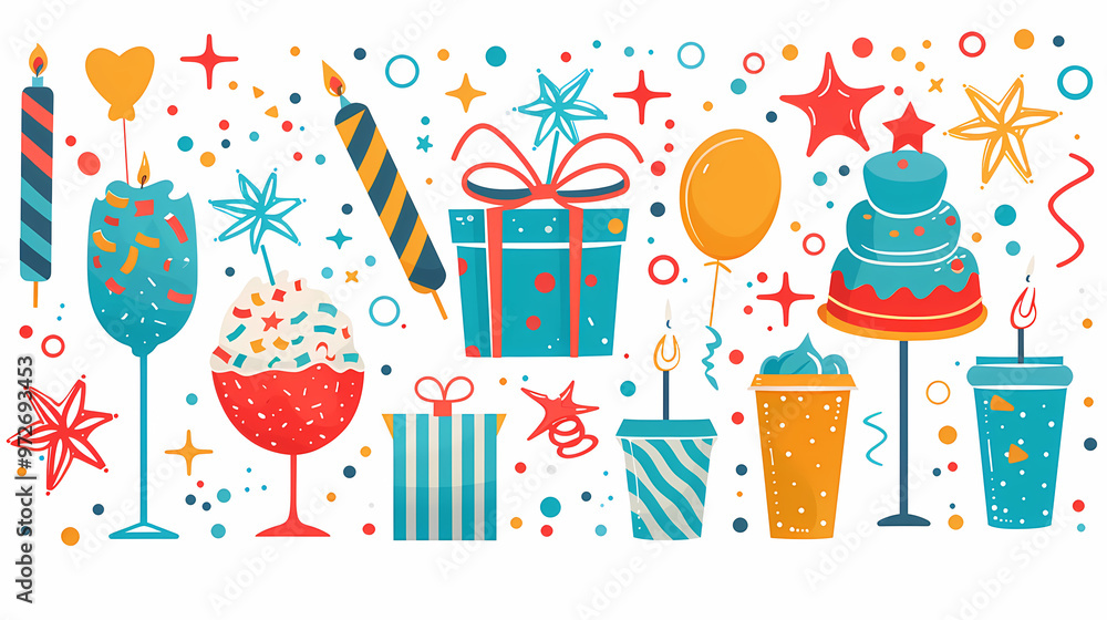 A simple vector icon illustration depicting the group of party supply items at center for a website isolated white background A simple vector icon illustration depicting the group of party supply items at center for a website isolated white background