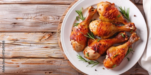 Bone-in roasted chicken legs displayed on a white serving tray atop a wooden table, captured from a flat lay perspective with blank space for text. photo