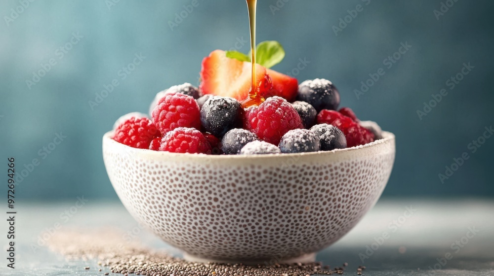 A chia seed pudding with almond milk, topped with mixed berries and a drizzle of maple A chia seed pudding with almond milk, topped with mixed berries and a drizzle of maple