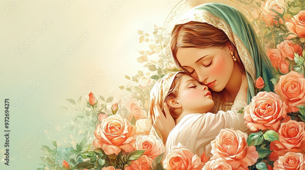 Mother and child embraced in a tender moment, surrounded by blooming roses and soft light, symbolizing love and purity. Mother and child embraced in a tender moment, surrounded by blooming roses and soft light, symbolizing love and purity.