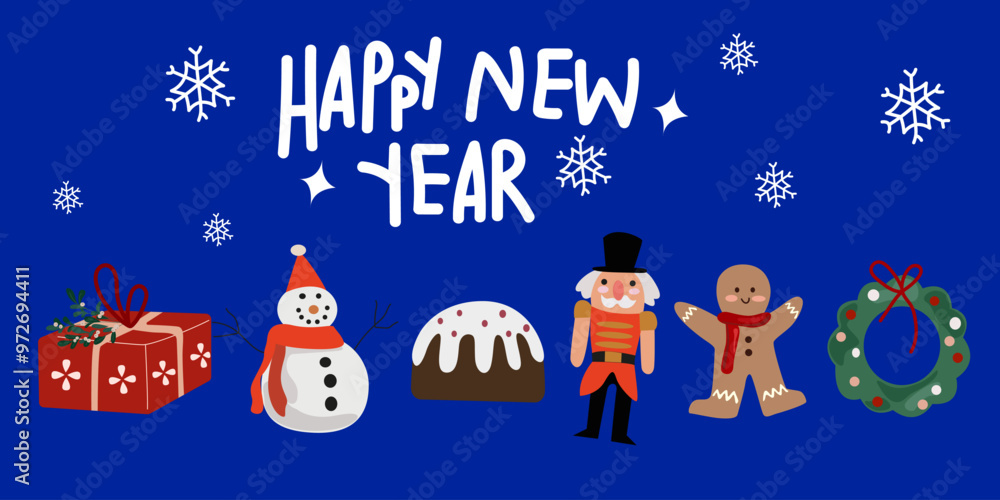Fototapeta premium Merry Christmas and Happy New Year vector flat elements. Christmas wreath, snowman, gingerbread man, Santa Claus, Nutcracker, gifts and cupcake. Traditional Christmas tree decorations and toys