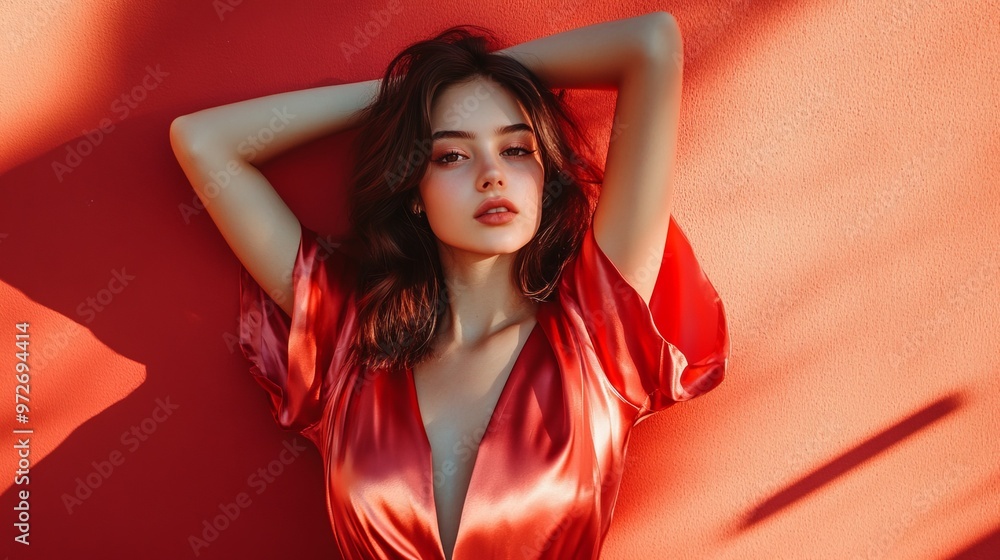 Photo of adorable lovely woman wear satin stylish clothes arm above head Photo of adorable lovely woman wear satin stylish clothes arm above head