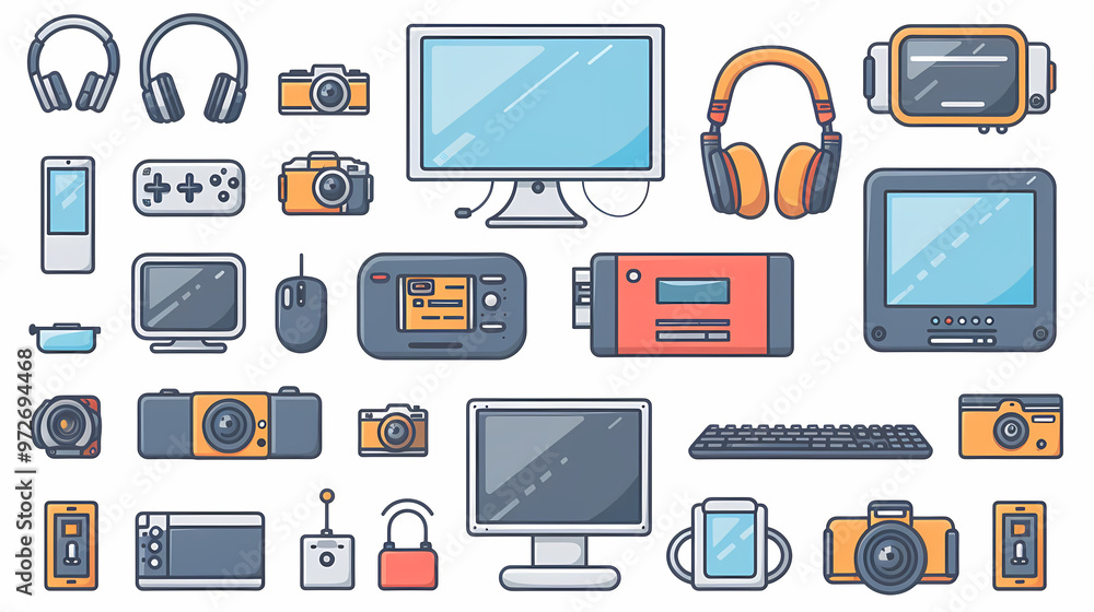A simple vector icon illustration depicting the group of tech gadget items at center for a website isolated white background A simple vector icon illustration depicting the group of tech gadget items at center for a website isolated white background