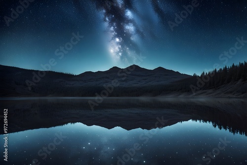 A crystal clear starry night sky reflected perfectly in the calm waters of a remote lake, Ai Generated