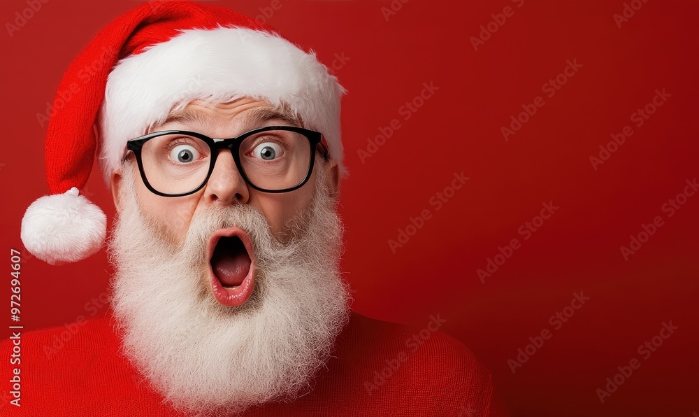 Shocked Santa Claus on Red Background with Copy Space Shocked Santa Claus on Red Background with Copy Space