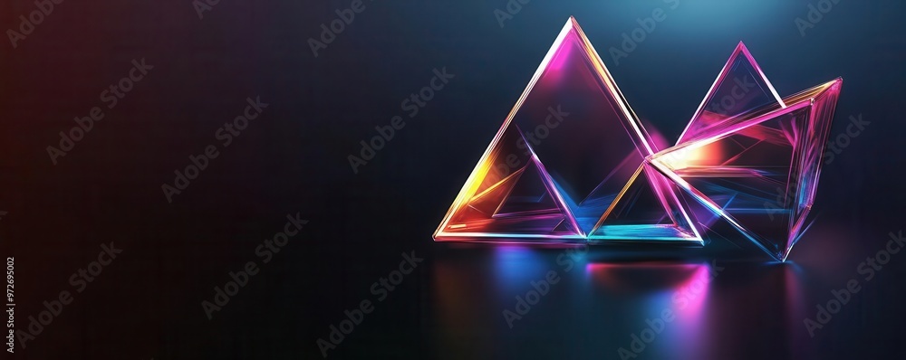 Floating prismatic triangles in a dark space, neon highlights, abstract geometric composition Floating prismatic triangles in a dark space, neon highlights, abstract geometric composition
