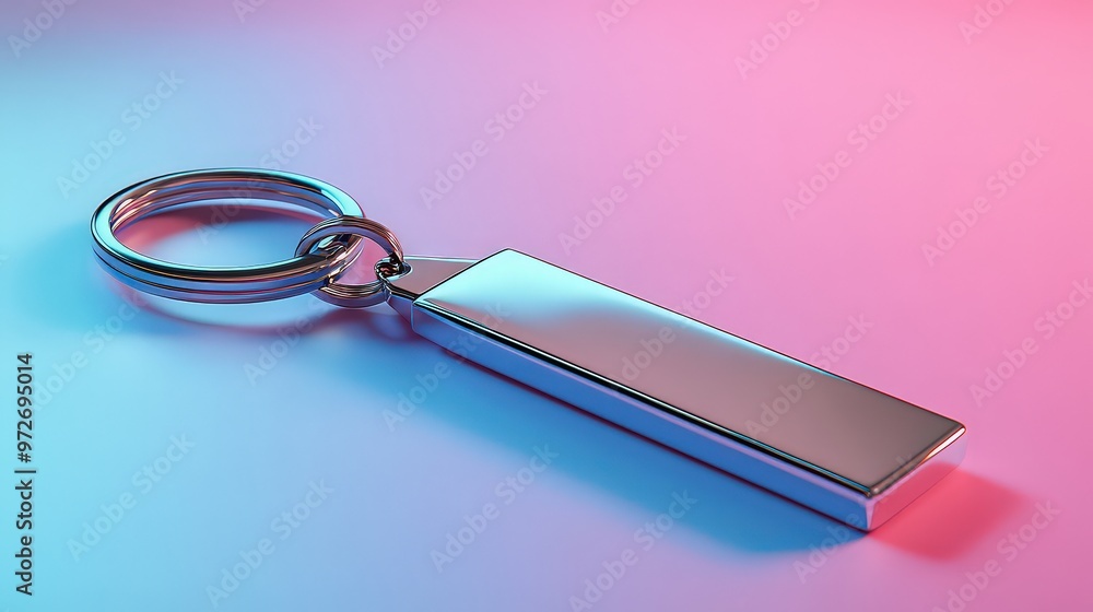 Sleek, modern keychain with metallic finish, displayed under vibrant, gradient lighting, blending pink and blue tones. Sleek, modern keychain with metallic finish, displayed under vibrant, gradient lighting, blending pink and blue tones.