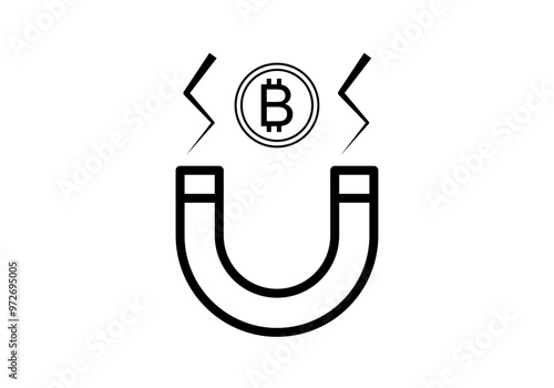 Icono negro de imán con bitcoin atrayendo criptomonedas 