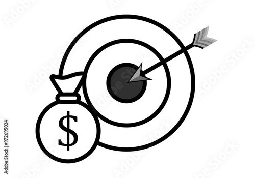 Icono negro de diana con flecha y saco de dólar representando el logro de objetivo financiero 