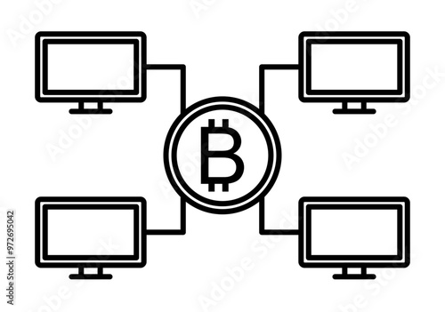 Icono negro de equipos de ordenador conectados con criptomoneda bitcoin 