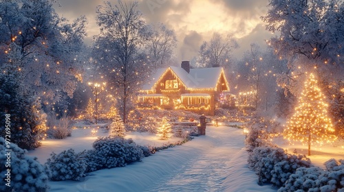 Outdoor Christmas scene with snow-covered trees, holiday lights, and a warmly lit home in the background. 4K hyperrealistic photo.