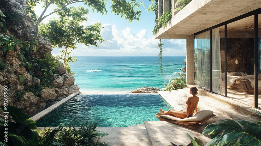 Fototapeta premium Couple enjoying a tropical beachfront villa with a private pool, surrounded by lush gardens and ocean views. 4K hyperrealistic photo.