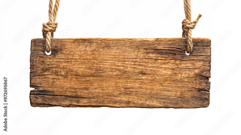 A rustic wooden sign hangs by ropes against a white background, showcasing a weathered, vintage look. A rustic wooden sign hangs by ropes against a white background, showcasing a weathered, vintage look.