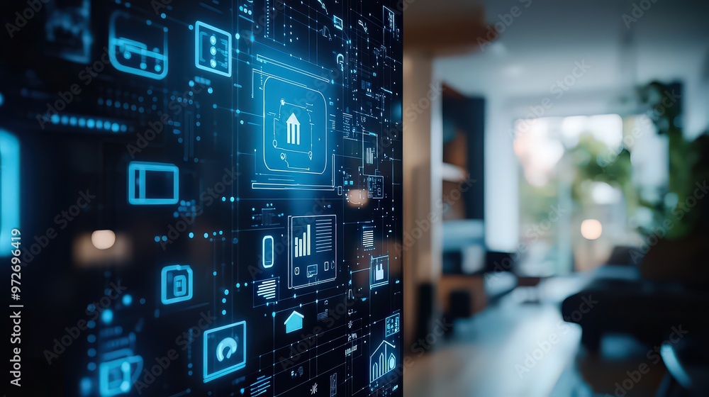 Close-up of futuristic smart home interface, with digital icons and data floating on screen, representing modern tech in everyday living. Close-up of futuristic smart home interface, with digital icons and data floating on screen, representing modern tech in everyday living.