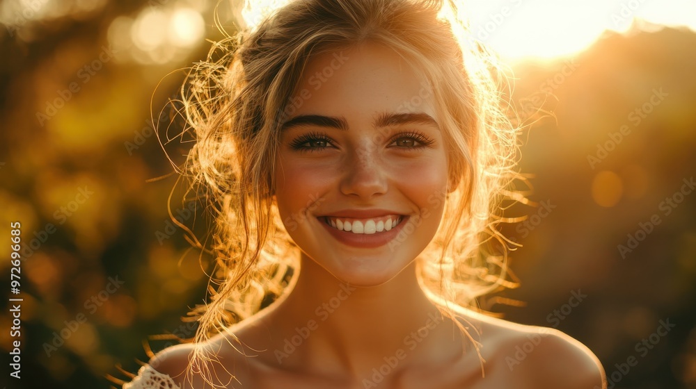 Young woman with a radiant smile enjoying a sunset outdoors in a vibrant natural setting during golden hour Young woman with a radiant smile enjoying a sunset outdoors in a vibrant natural setting during golden hour