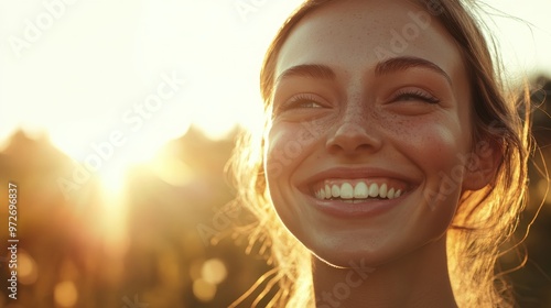 Joyful young woman smiling brightly at sunset in a serene outdoor setting with golden light illuminating her features