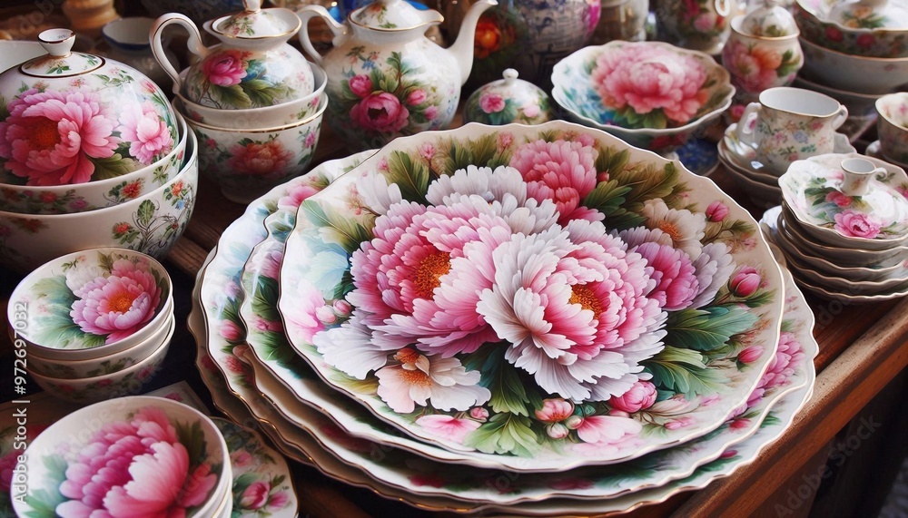 italienische Töpferware mit einem Pfingstrosen Motiv auf einem Kunstmarkt in Italien italienische Töpferware mit einem Pfingstrosen Motiv auf einem Kunstmarkt in Italien