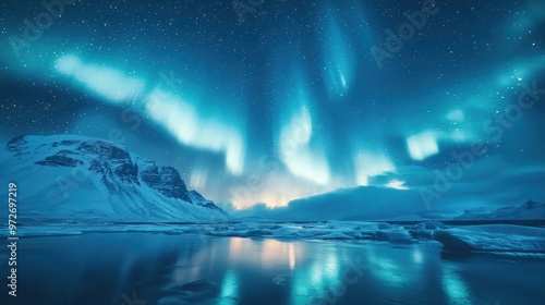 Captivating Aurora Borealis Reflecting on Serene Winter Lake Amidst Snowy Mountains