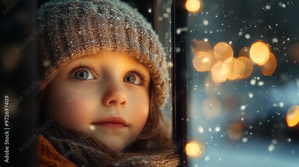 Child's expression of wonder as they peer out the window at freshly fallen snow, with Christmas lights reflecting in the glass. 4K hyperrealistic photo. Child's expression of wonder as they peer out the window at freshly fallen snow, with Christmas lights reflecting in the glass. 4K hyperrealistic photo.