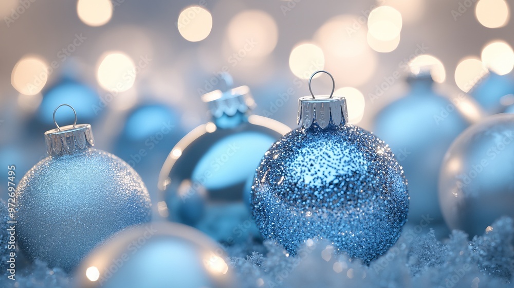 Christmas ornaments arranged by gradient from icy blue to soft silver, sparkling under the tree lights. 4K hyperrealistic photo. Christmas ornaments arranged by gradient from icy blue to soft silver, sparkling under the tree lights. 4K hyperrealistic photo.