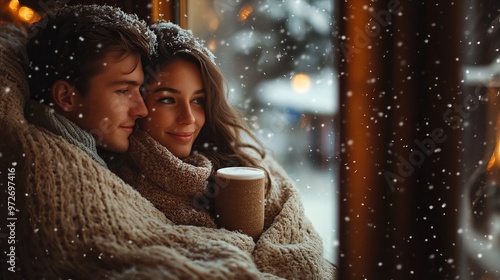 Young couple cuddled up under a blanket, sipping hot cocoa and watching the snow fall outside the window. 4K hyperrealistic photo.