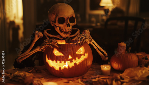A person in a spooky skeleton costume carving a pumpkin on Halloween, with a candlelight flickering inside the pumpkin