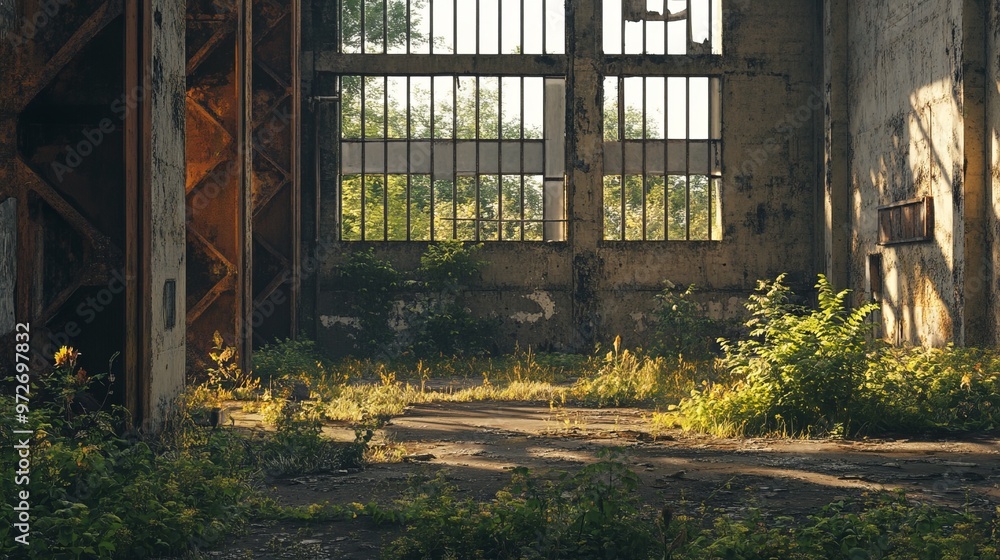 Obraz premium Abandoned brutalist factory with crumbling concrete walls, broken windows, and rusting metal accents, surrounded by overgrown weeds. 4K hyperrealistic photo.