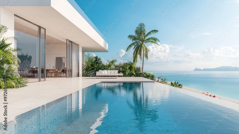 Fototapeta premium Modern beautiful house with pool and parking for sale or rent by the sea, with palm trees and flowers on a tropical island.