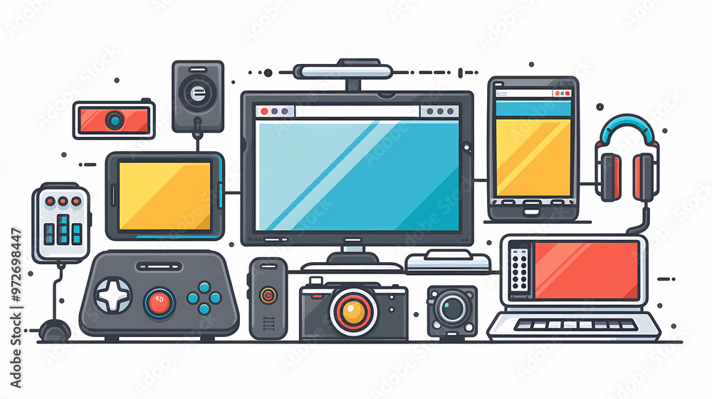 A simple vector icon illustration depicting the group of tech gadget items at center for a website isolated white background A simple vector icon illustration depicting the group of tech gadget items at center for a website isolated white background