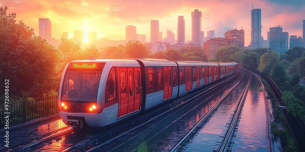 Fototapeta premium High-Speed Train Traveling Through a Scenic Cityscape