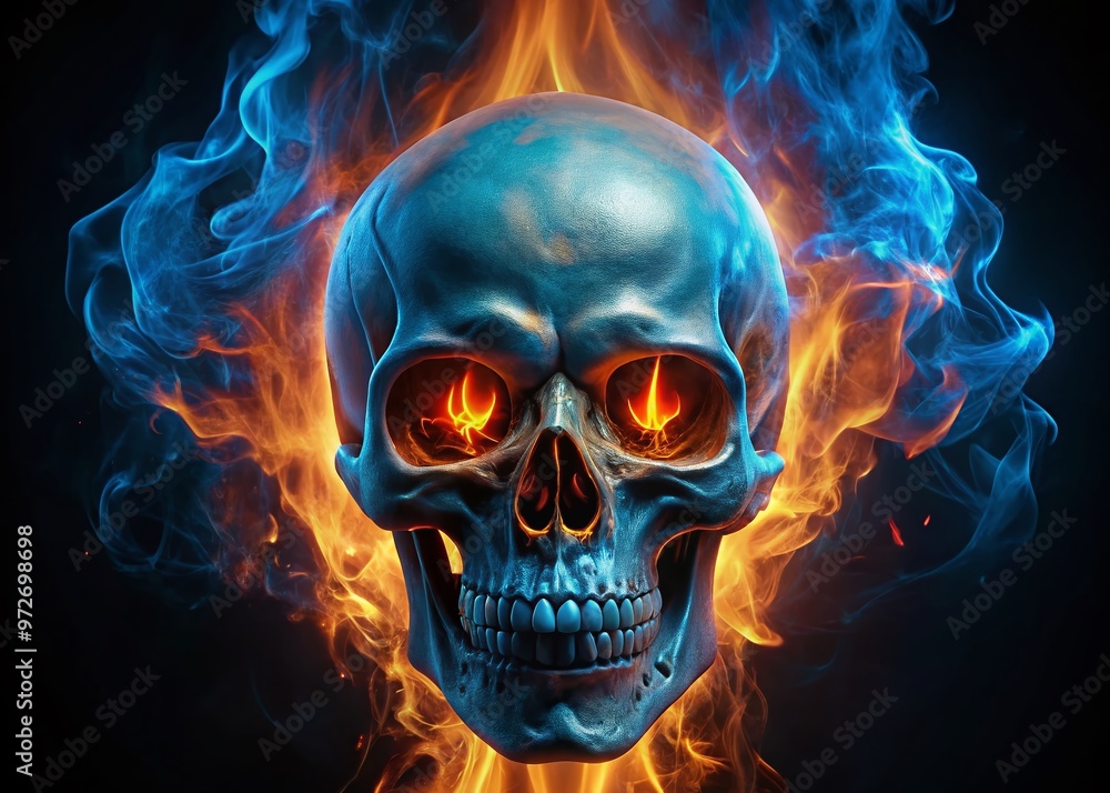 Surreal close-up of a fiery blue skull with glowing eyes, set against a dark backdrop, symbolizing mystery, power, Surreal close-up of a fiery blue skull with glowing eyes, set against a dark backdrop, symbolizing mystery, power,