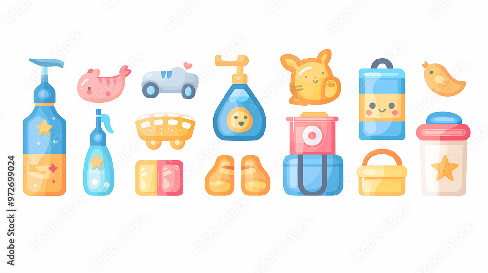 Obraz premium A simple vector icon illustration depicting the group of baby product items at center for a website isolated white background