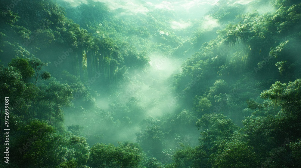 Lush green forest landscape with mist and soft light. Lush green forest landscape with mist and soft light.