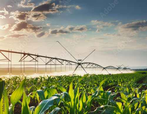 In the corn field, the agricultural irrigation system is at work. Generated with AI