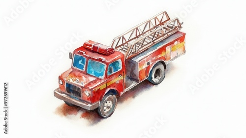 Vintage toy fire truck with ladder in bright red color on a white background, evoking childhood memories and imagination photo