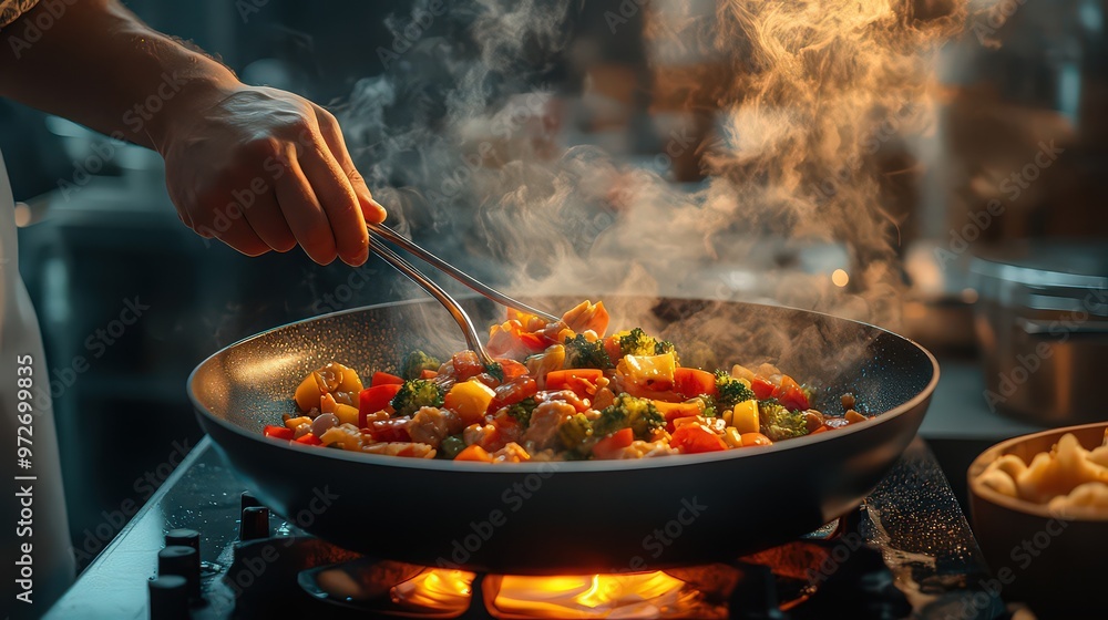 Stir-fried vegetables cooking in hot pan, steam rising as chef carefully prepares delicious dish, capturing the warmth and activity of a busy kitchen. Stir-fried vegetables cooking in hot pan, steam rising as chef carefully prepares delicious dish, capturing the warmth and activity of a busy kitchen.