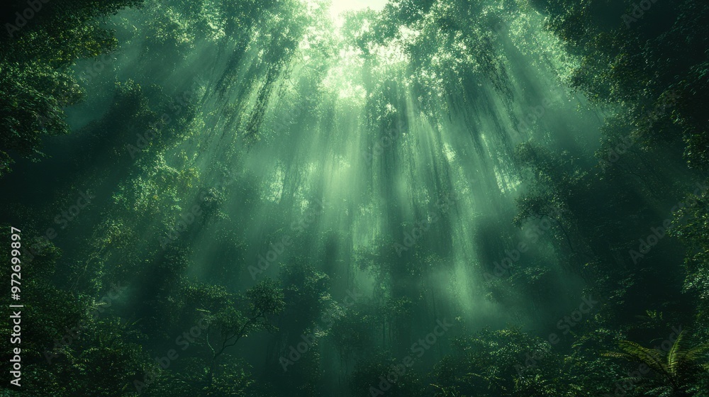 Fototapeta premium Sunlight filtering through a dense forest canopy.