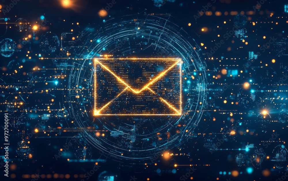 Email Marketing Icons Circling Glowing Envelope on Futuristic Blue Background Email Marketing Icons Circling Glowing Envelope on Futuristic Blue Background