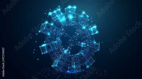 A gear constructed from polygons. Low poly vector representation in a starry sky or cosmic style. The gear is made up of lines, dots, and shapes. Symbolizes mechanical technology and machine engineeri photo