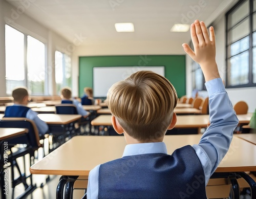 Seen from behind, a smart schoolboy sits at a desk in a classroom with his hand raised. Generated with AI