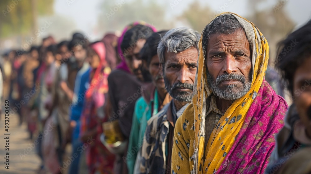 A long line of people waiting at a food distribution center, their faces weary and anxious, illustrating the desperation caused by food scarcity A long line of people waiting at a food distribution center, their faces weary and anxious, illustrating the desperation caused by food scarcity